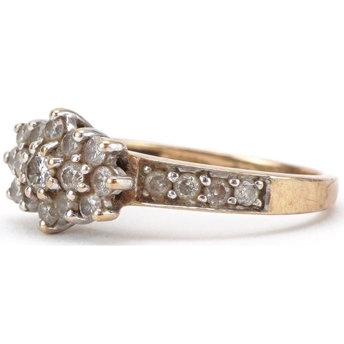 3069 - 9ct gold diamond cluster ring with diamond set shoulders, total diamond weight approximately 0.50 ca... 