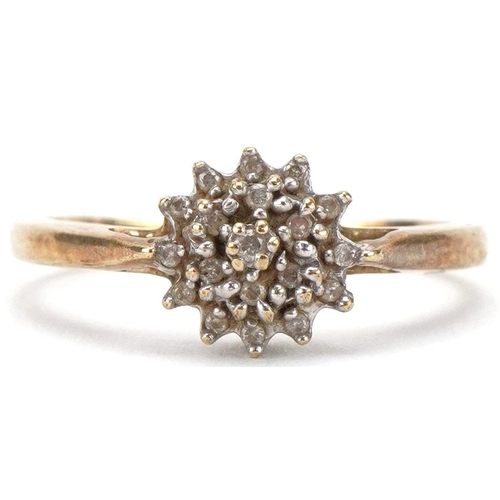 3090 - 9ct gold diamond three tier cluster ring, size O/P, 2.0g