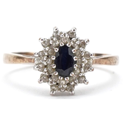 3226 - 9ct gold diamond and sapphire three tier cluster ring, size L/M, 2.2g