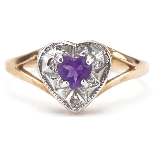 3142 - 9ct gold amethyst and diamond love heart ring with split shoulders, size K/L, 1.6g