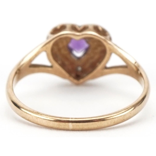 3142 - 9ct gold amethyst and diamond love heart ring with split shoulders, size K/L, 1.6g