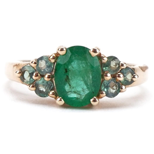 3145 - 9ct gold emerald and green topaz cluster ring, size O, 2.1g