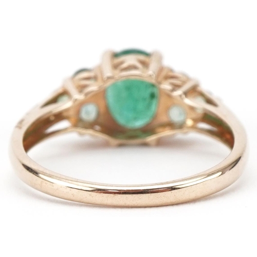 3145 - 9ct gold emerald and green topaz cluster ring, size O, 2.1g