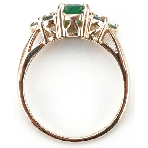 3145 - 9ct gold emerald and green topaz cluster ring, size O, 2.1g