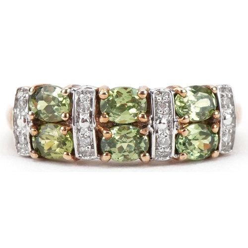 3149 - 9ct gold green amethyst and diamond two row ring, size O, 2.6g