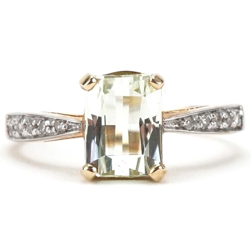 3151 - 9ct gold aquamarine ring with diamond set shoulders, the aquamarine approximately 8.0mm x 6.0mm x 4.... 