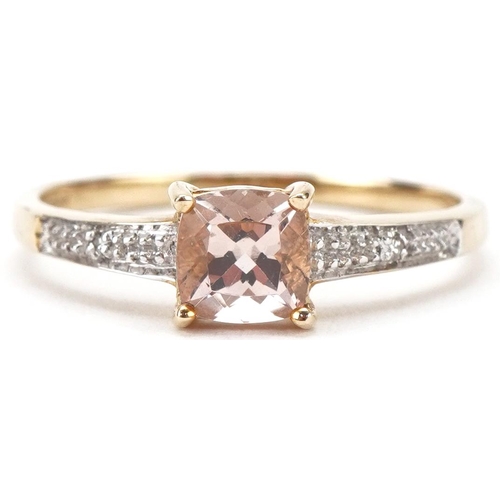 3191 - 9ct gold pink stone ring with diamond set shoulders, size N/O, 1.5g