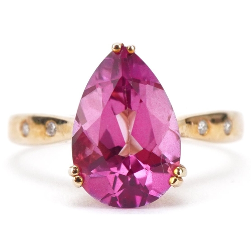 3167 - 9ct gold pink topaz teardrop ring with diamond set shoulders, size N, 2.7g