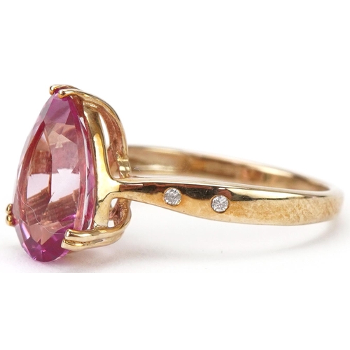 3167 - 9ct gold pink topaz teardrop ring with diamond set shoulders, size N, 2.7g