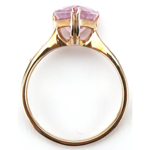 3167 - 9ct gold pink topaz teardrop ring with diamond set shoulders, size N, 2.7g