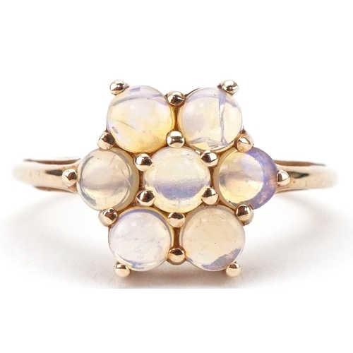 3264 - 9ct gold opal flower head ring, size O, 2.3g