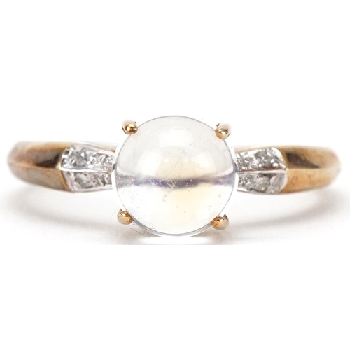 3164 - 9ct gold cabochon moonstone ring with diamond set shoulders, size N, 1.8g