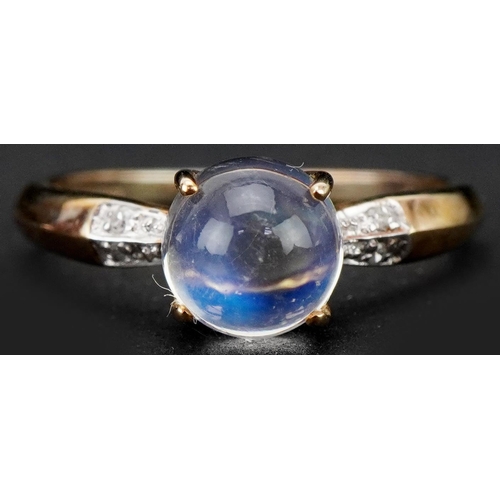 3164 - 9ct gold cabochon moonstone ring with diamond set shoulders, size N, 1.8g