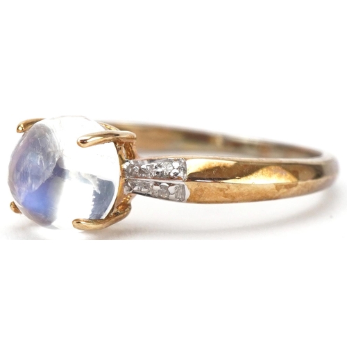 3164 - 9ct gold cabochon moonstone ring with diamond set shoulders, size N, 1.8g