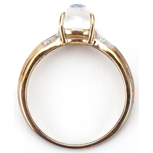 3164 - 9ct gold cabochon moonstone ring with diamond set shoulders, size N, 1.8g