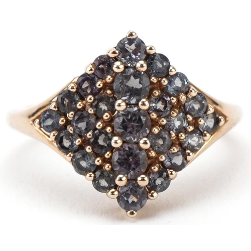 3132 - 9ct gold green/blue stone cluster cocktail ring, size O, 3.3g