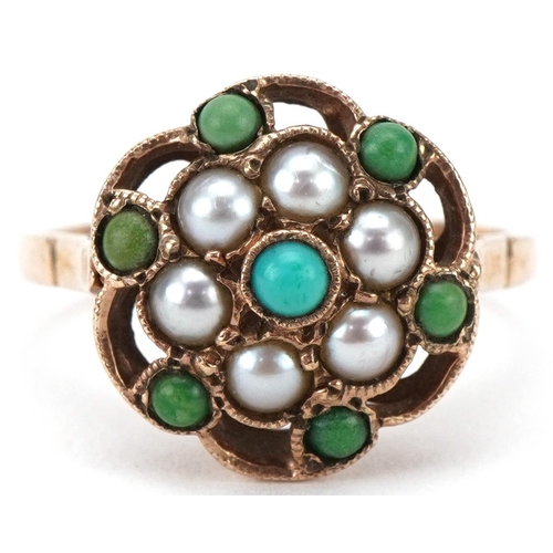 3043 - 9ct gold multi gem cluster ring set with cabochon turquoise and seed pearls, size M, 2.9g