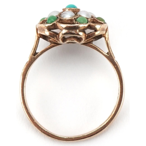 3043 - 9ct gold multi gem cluster ring set with cabochon turquoise and seed pearls, size M, 2.9g