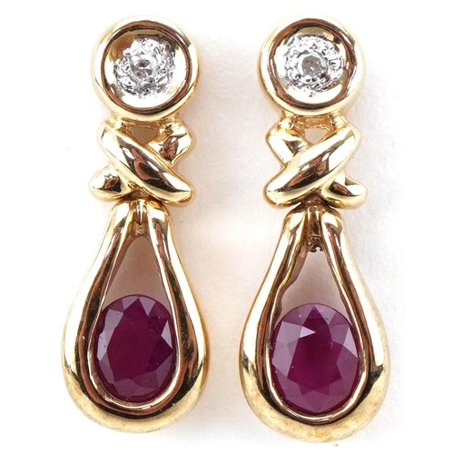 3052 - Pair of 9ct gold ruby and diamond drop earrings, 1.9cm high, total 2.8g