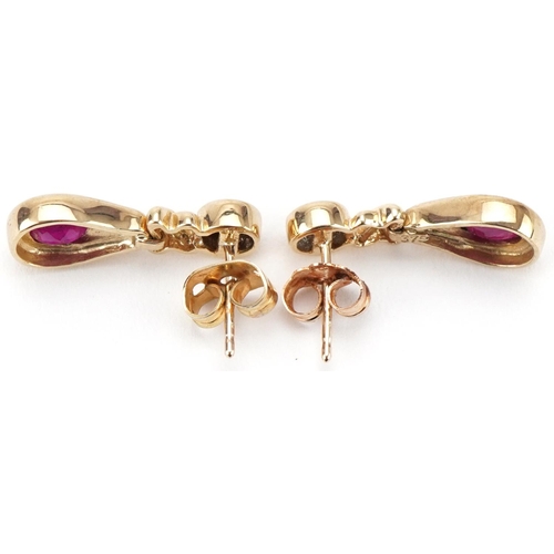 3052 - Pair of 9ct gold ruby and diamond drop earrings, 1.9cm high, total 2.8g