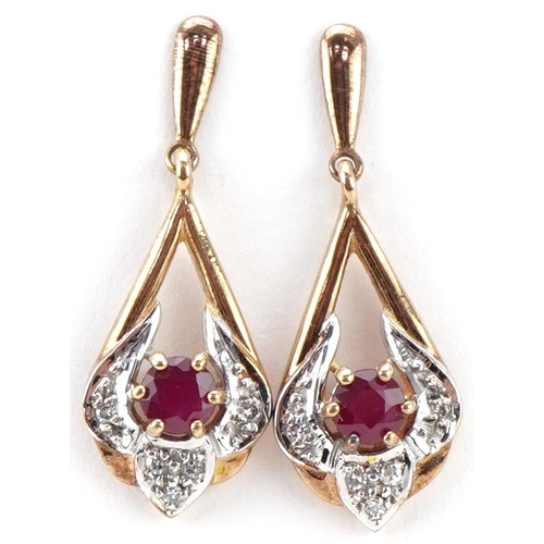 3166 - Pair of 9ct gold ruby and diamond drop earrings, 2.7cm high, total 2.2g