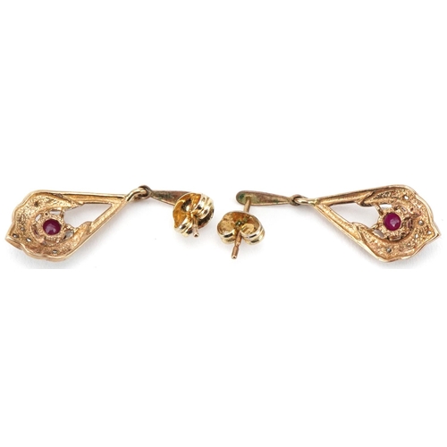 3166 - Pair of 9ct gold ruby and diamond drop earrings, 2.7cm high, total 2.2g