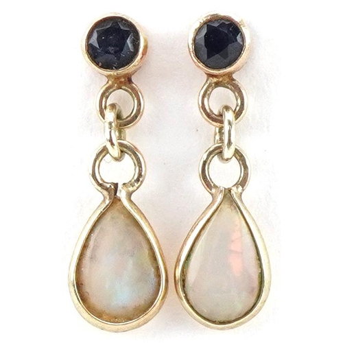 3221 - Pair of unmarked gold opal and blue spinel drop earrings, 1.4cm high, total 0.7g