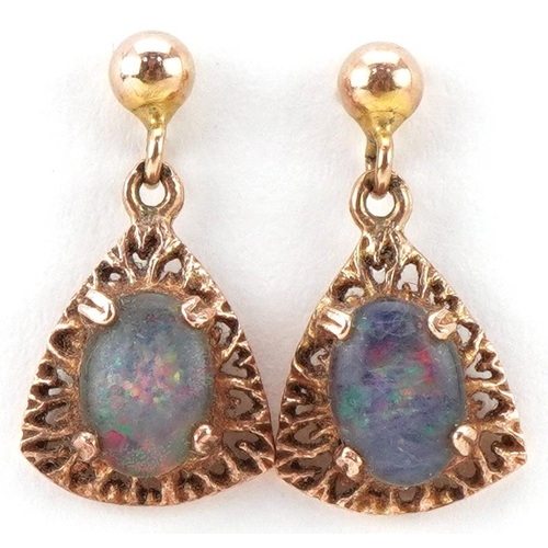 3209 - Pair of 9ct gold cabochon opal drop earrings, 1.8cm high, total 1.6g