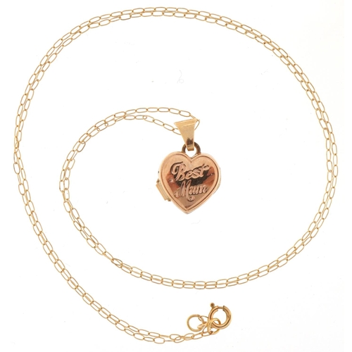 3094 - 9ct gold Best Mum love heart locket on a 9ct gold necklace, 1.5cm high and 44cm in length, total 1.0... 