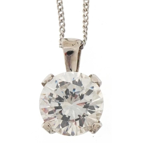 3139 - 9ct white gold clear stone solitaire pendant on a 9ct white gold necklace, 9.5mm high and 38cm in le... 