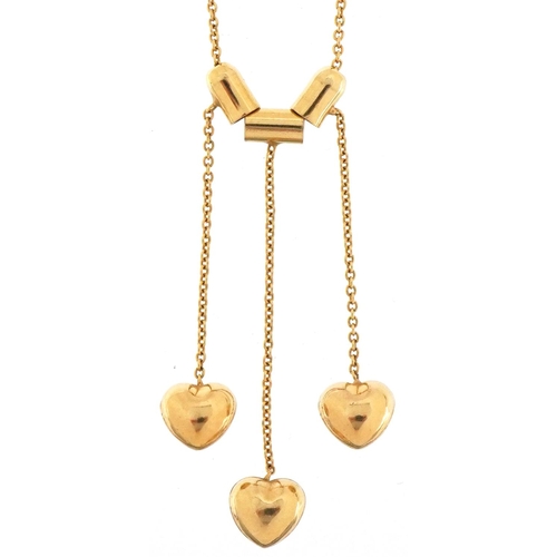 3088 - 9ct gold triple love heart tassel necklace, 40cm in length, 1.5g