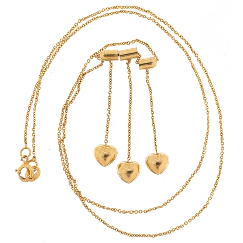 3088 - 9ct gold triple love heart tassel necklace, 40cm in length, 1.5g