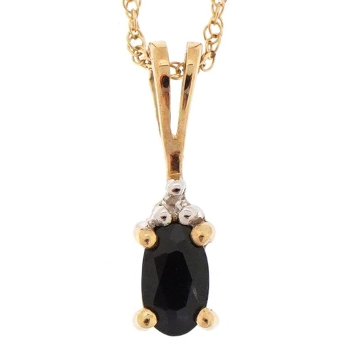 3134 - 9ct gold blue spinel and diamond pendant on a 9ct gold necklace, 1.3cm high and 44cm in length, tota... 