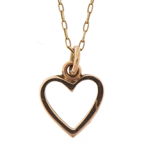 3053 - 9ct gold love heart pendant on a 9ct gold necklace, 1.5cm high and 44cm in length, total 1.5g