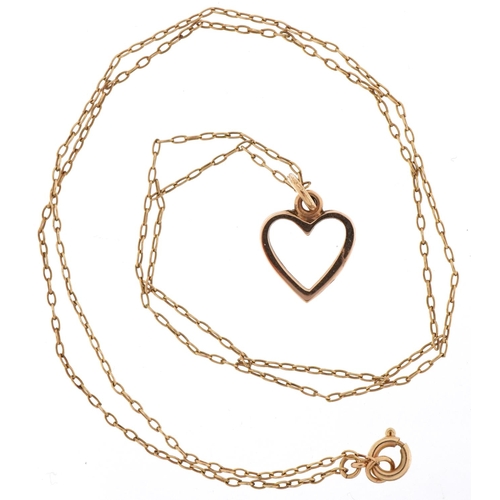 3053 - 9ct gold love heart pendant on a 9ct gold necklace, 1.5cm high and 44cm in length, total 1.5g