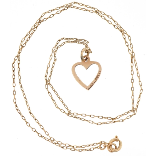 3053 - 9ct gold love heart pendant on a 9ct gold necklace, 1.5cm high and 44cm in length, total 1.5g