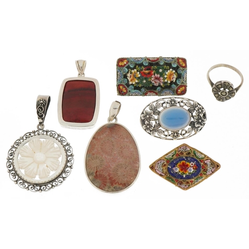 3301 - Six vintage and later brooches and pendants, some silver mounted including micro mosaic brooches and... 