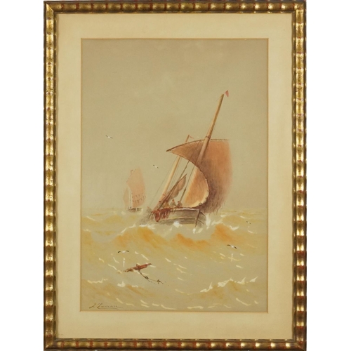 3486 - Two boats at sea, late 19th century British school watercolour on laid paper, indistinctly signed to... 