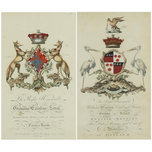 3630 - Pair of British heraldic coat of arms coloured book plates, framed and glazed, 45cm x 25cm