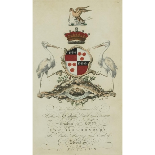 3630 - Pair of British heraldic coat of arms coloured book plates, framed and glazed, 45cm x 25cm