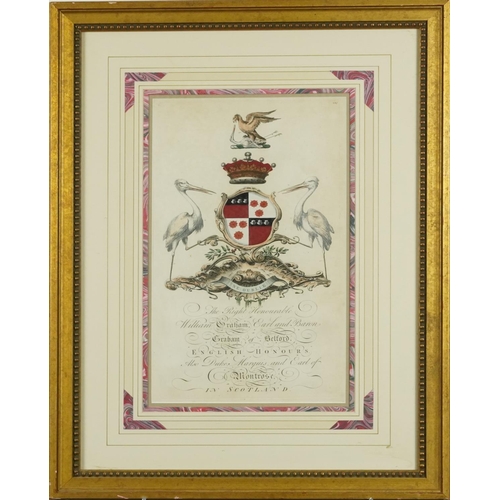 3630 - Pair of British heraldic coat of arms coloured book plates, framed and glazed, 45cm x 25cm