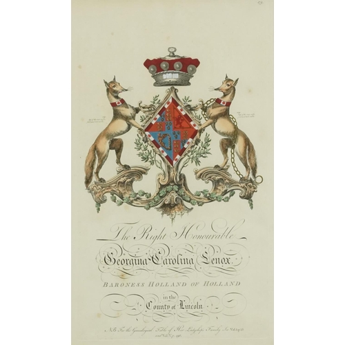 3630 - Pair of British heraldic coat of arms coloured book plates, framed and glazed, 45cm x 25cm