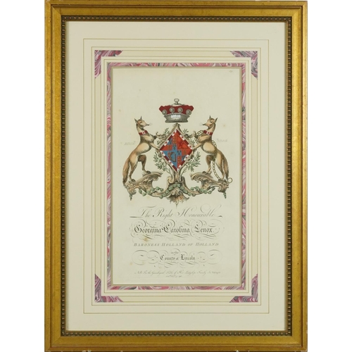 3630 - Pair of British heraldic coat of arms coloured book plates, framed and glazed, 45cm x 25cm