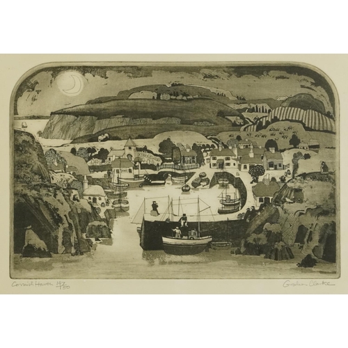 3415 - Graham Clarke - Cornish Haven, 20th century British school monogramed etching, signed and titled in ... 