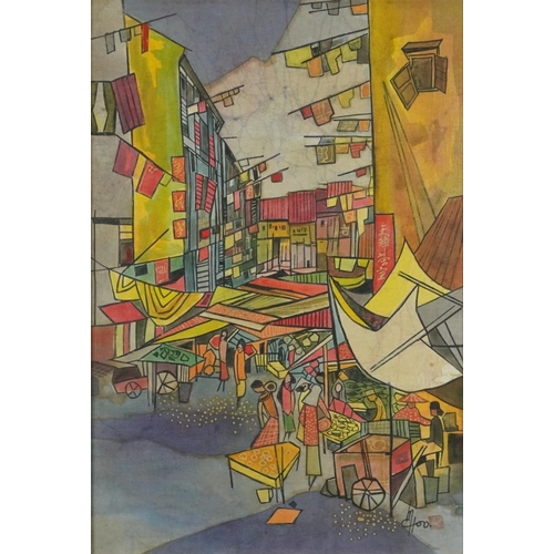 3629 - Japanese street scene, 20th century Japanese school mixed media on silk, signed to the lower right c... 