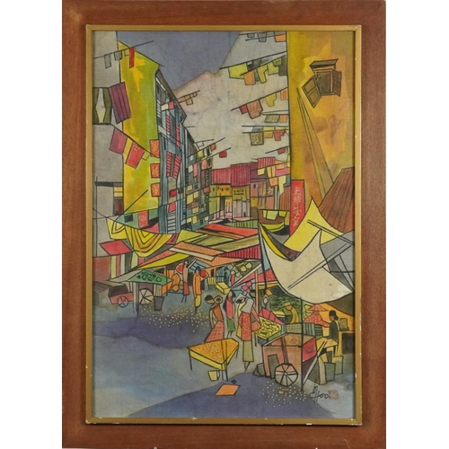 3629 - Japanese street scene, 20th century Japanese school mixed media on silk, signed to the lower right c... 