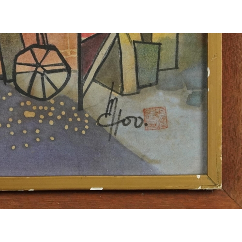 3629 - Japanese street scene, 20th century Japanese school mixed media on silk, signed to the lower right c... 