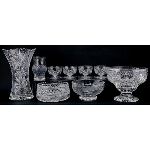 1146 - Group of cut glass vases, bowls and dessert dishes, the largest vase 31cm high