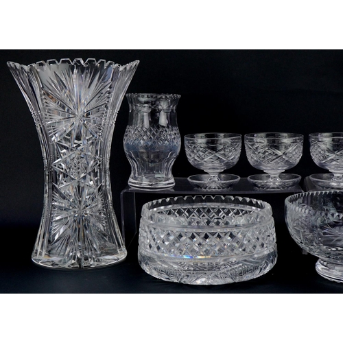 1146 - Group of cut glass vases, bowls and dessert dishes, the largest vase 31cm high