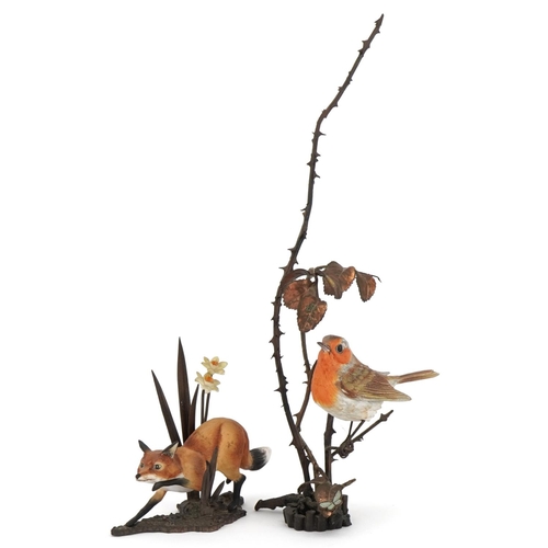 513 - Two Albany Worcester porcelain and bronze figures, one a robin perched on a bramble and the other a ... 